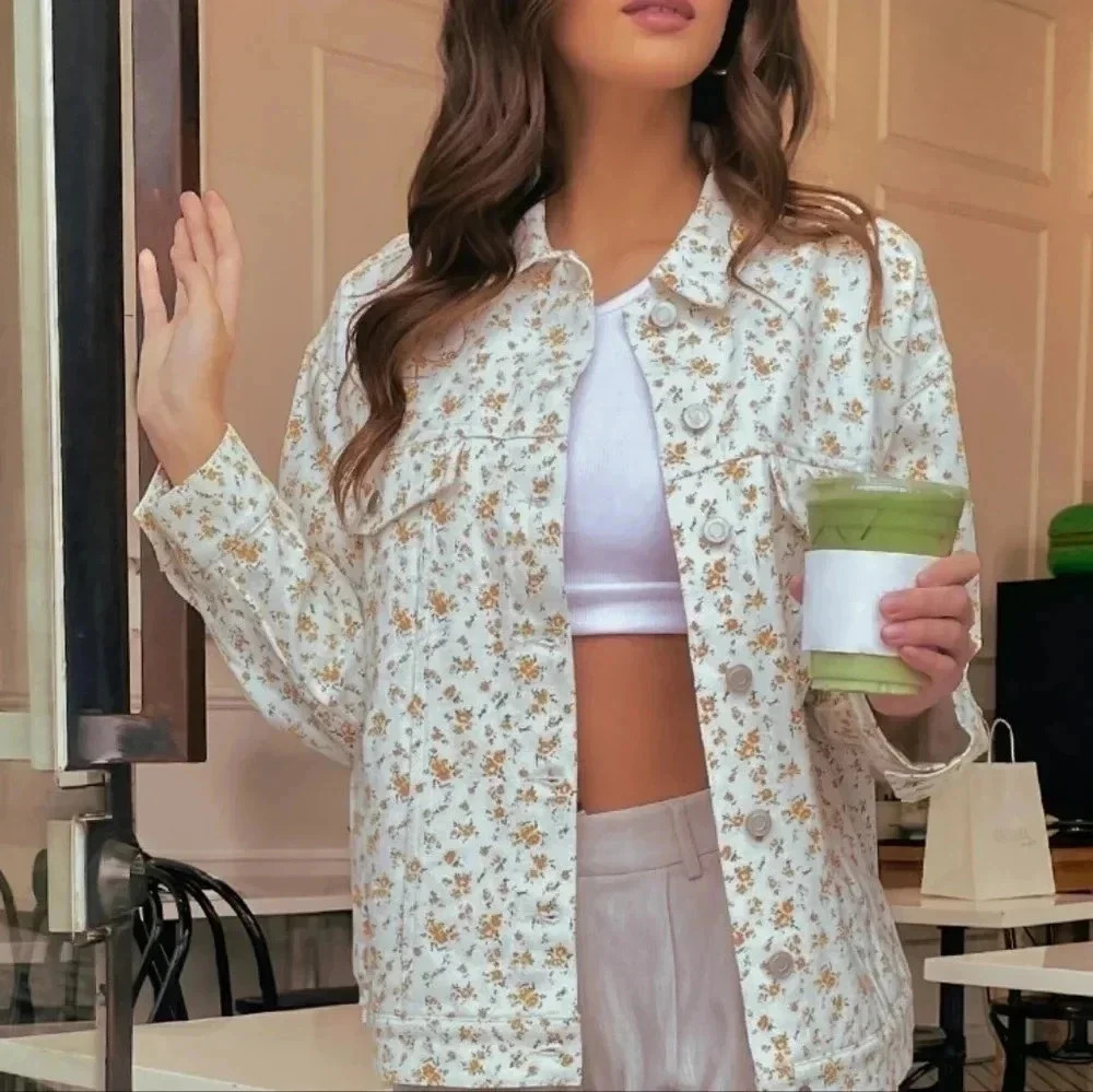 White Floral Ditsy Oversized Denim Jacket